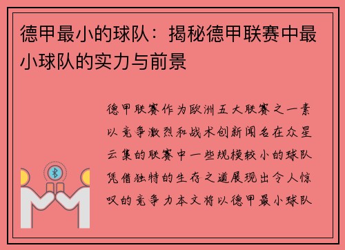 德甲最小的球队：揭秘德甲联赛中最小球队的实力与前景