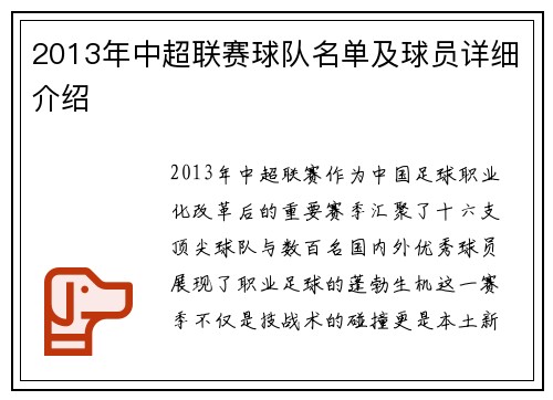 2013年中超联赛球队名单及球员详细介绍