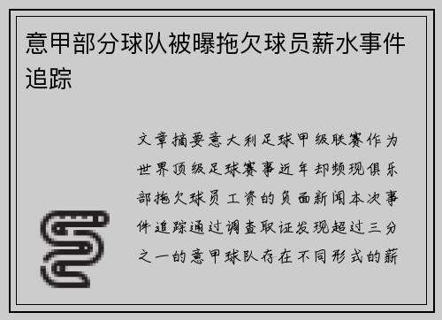 意甲部分球队被曝拖欠球员薪水事件追踪